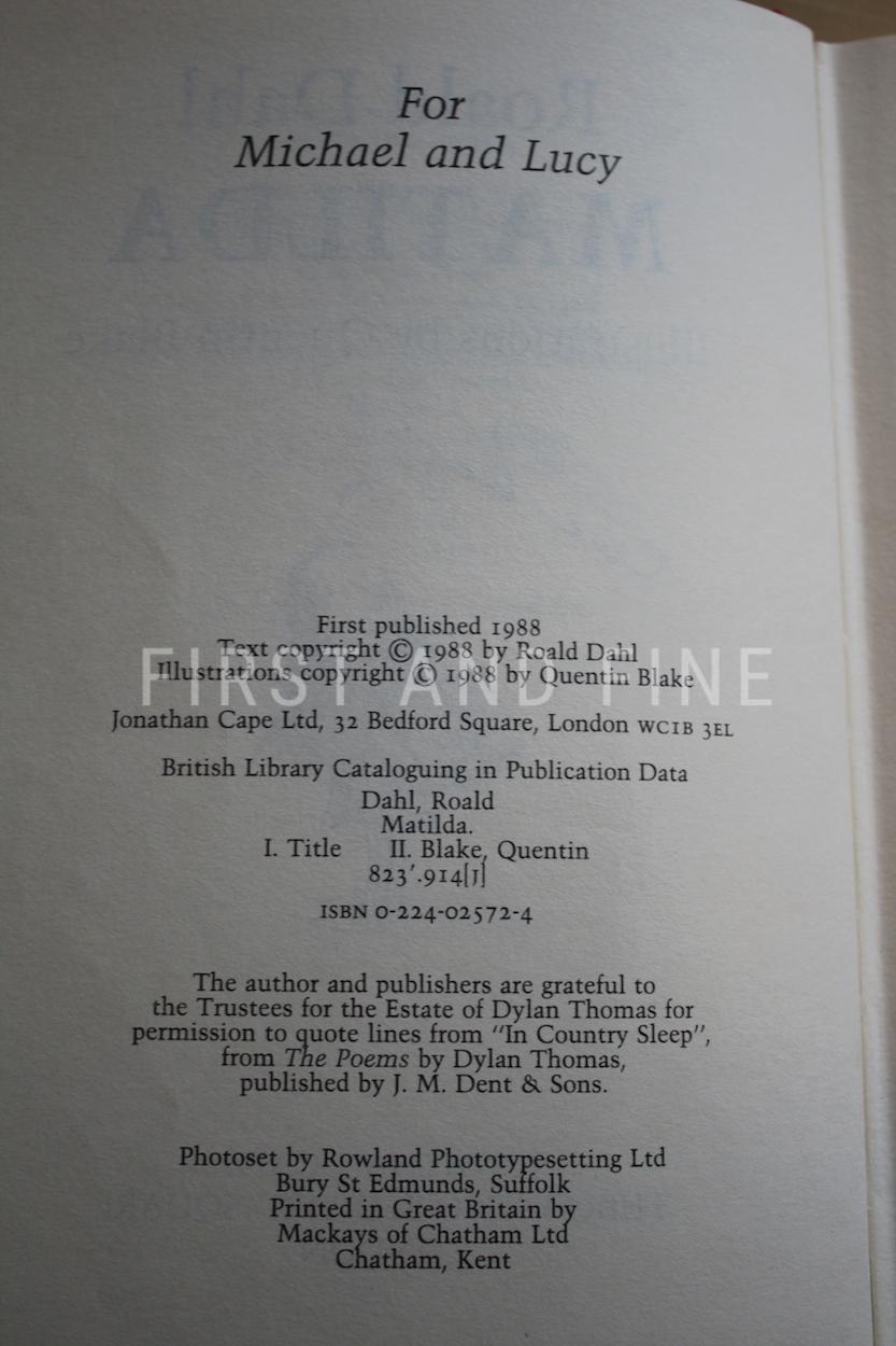 Dahl, Roald (1988) 'Matilda', UK signed first edition - Image 3