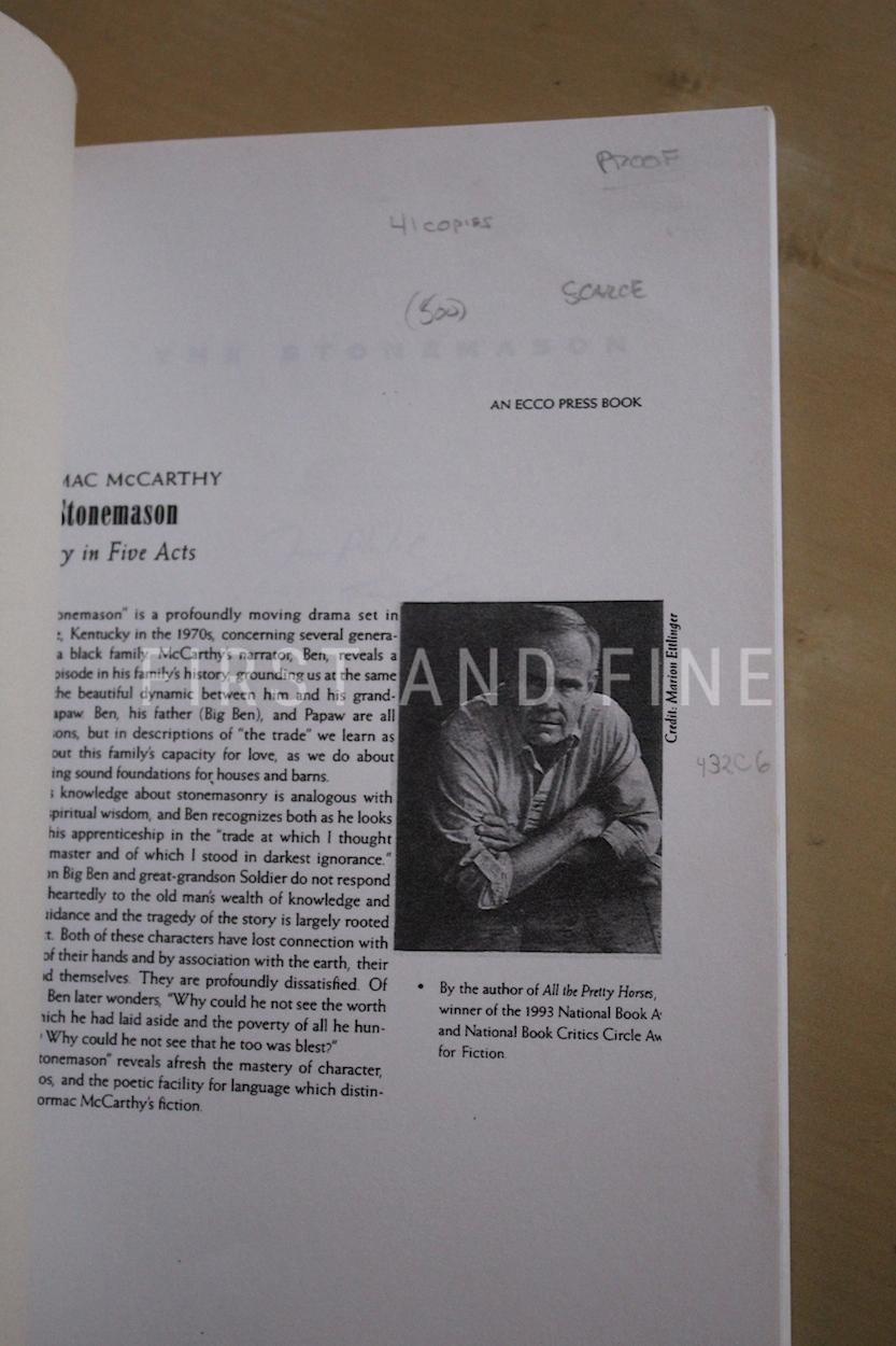 McCarthy, Cormac (1994) 'The Stonemason - A Play in Five Acts', US signed and inscribed proof with rock solid provenance - Image 3