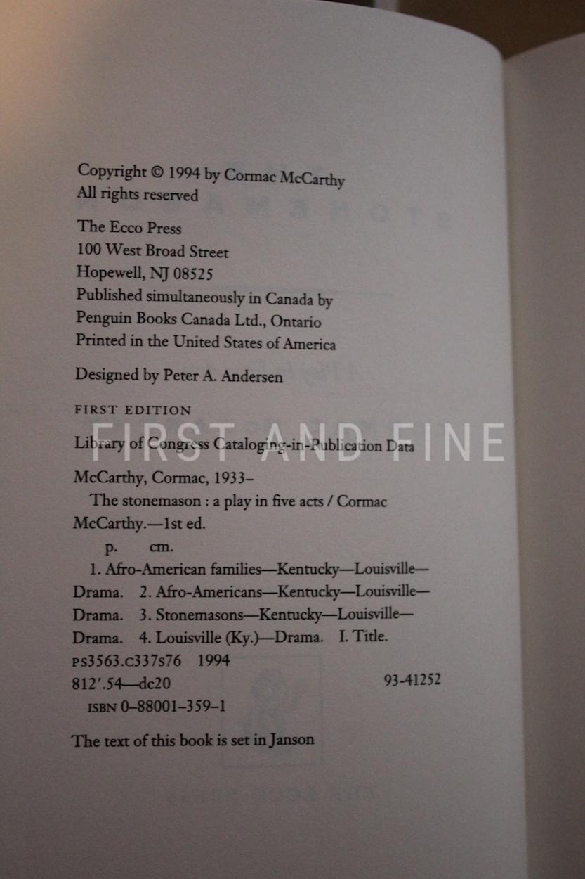 McCarthy, Cormac (1994) 'The Stonemason', US signed and inscribed first edition with rock solid provenance - Image 3