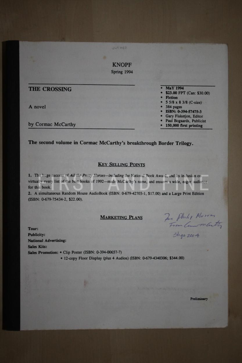 McCarthy, Cormac (1994) 'The Crossing', US signed and inscribed galley proofs with rock solid provenance - Image 2