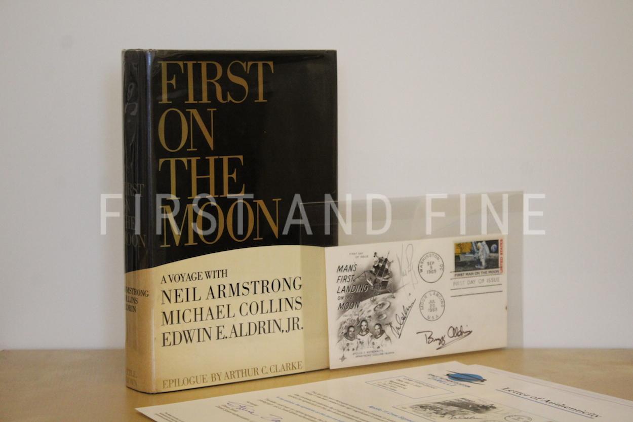 Armstrong, Neil; Aldrin, Buzz; and Collins, Michael (1970) 'First on the Moon', US first edition with a First Day Cover signed by all three astronauts.