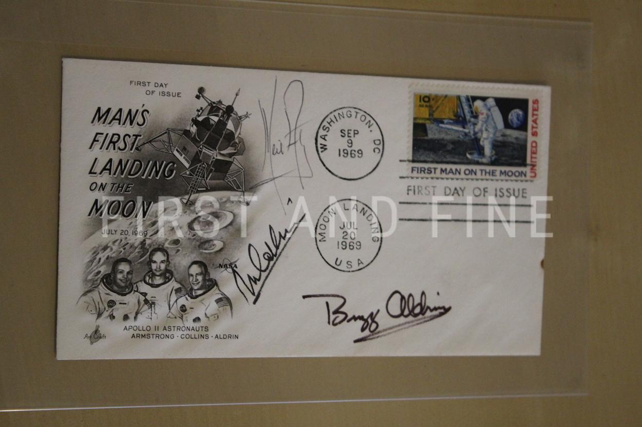 Armstrong, Neil; Aldrin, Buzz; and Collins, Michael (1970) 'First on the Moon', US first edition with a First Day Cover signed by all three astronauts. - Image 2