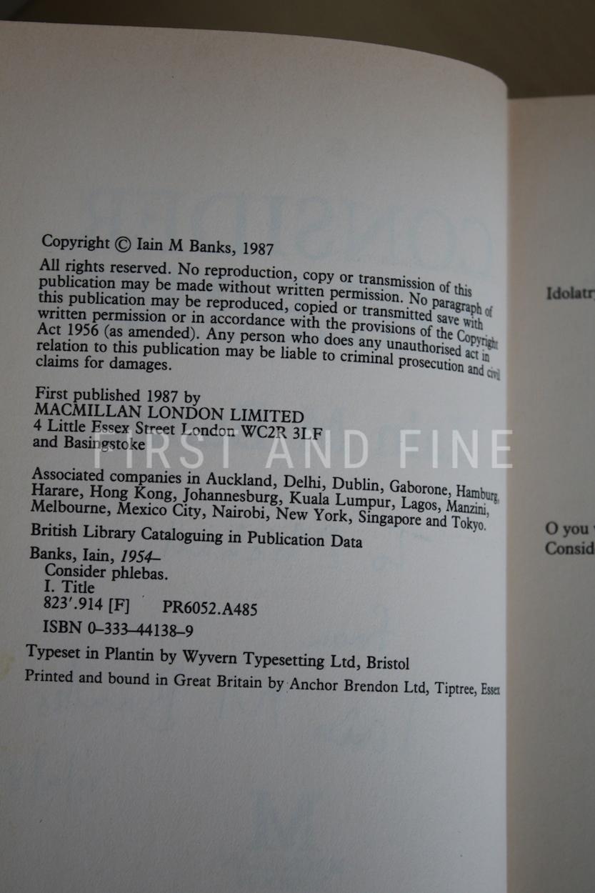 Banks, Iain (1987) 'Consider Phlebas', UK signed and inscribed first edition - Image 3