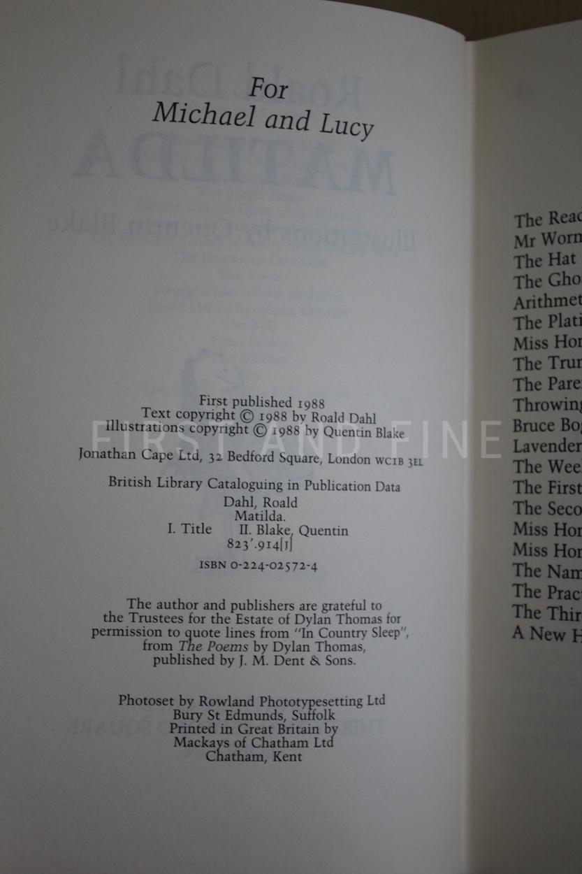 Dahl, Roald (1988) 'Matilda', UK signed and inscribed first edition - Image 3