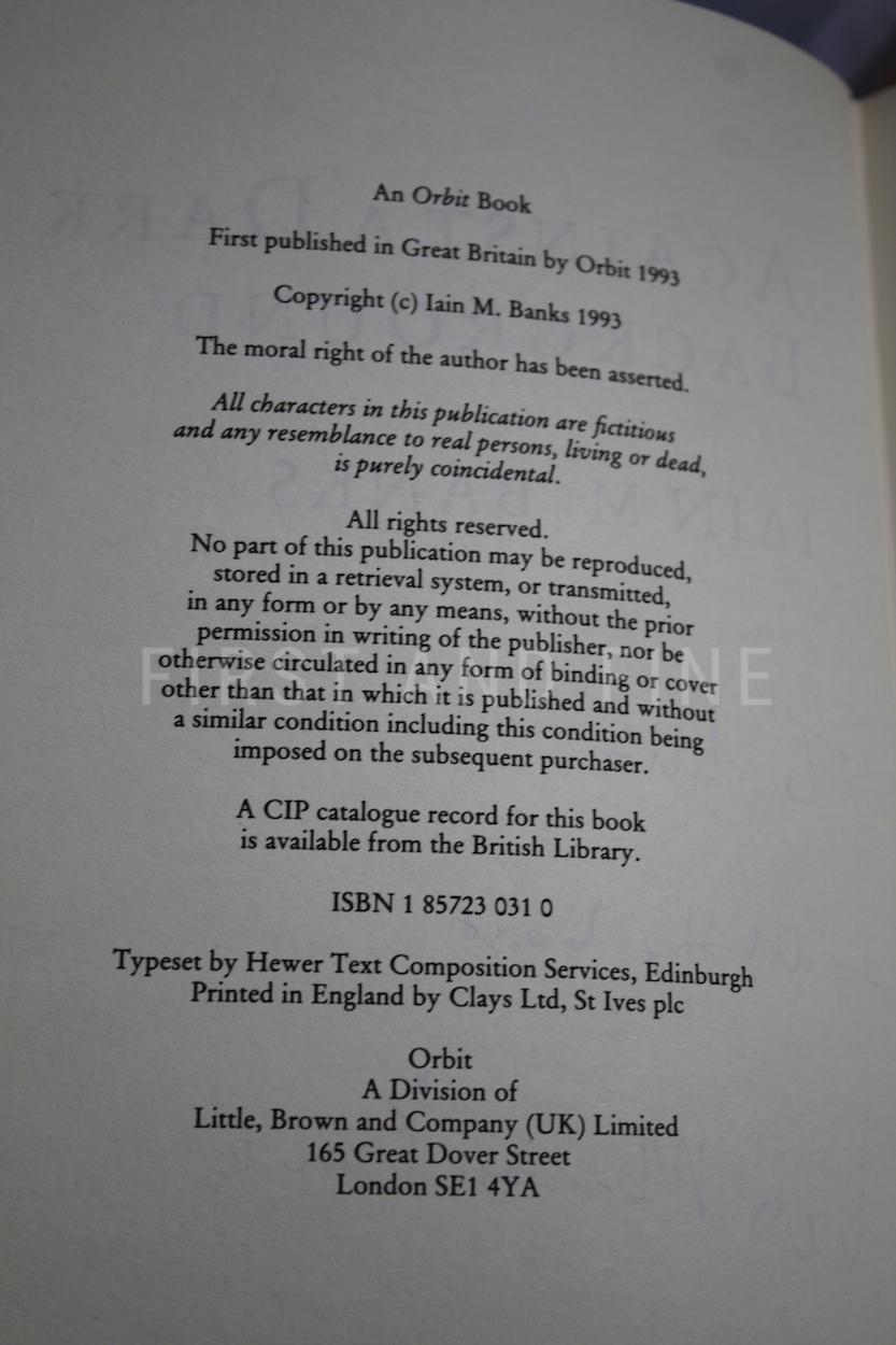 Banks, Iain (1993) 'Against A Dark Background', UK signed and inscribed first edition - Image 3