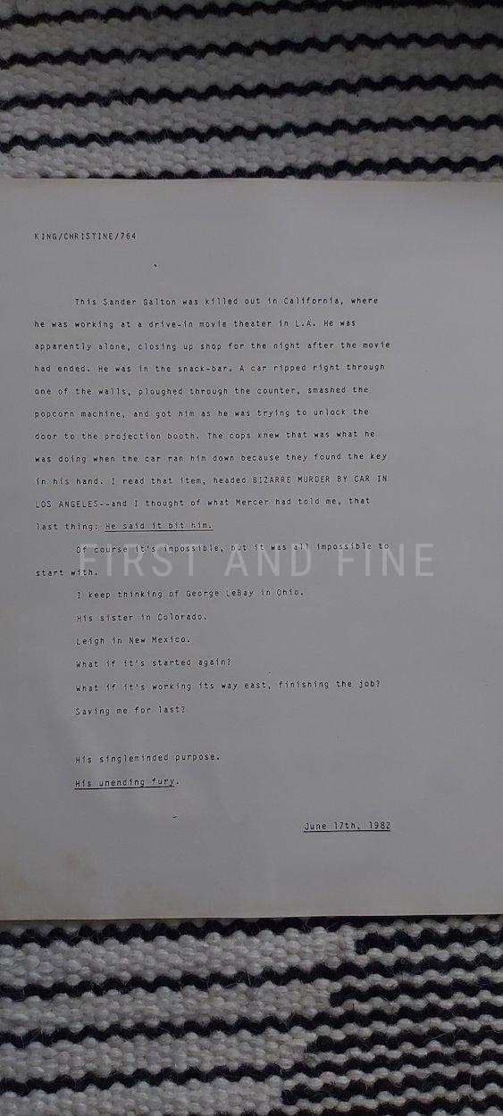 King, Stephen (1983) 'Christine', US signed and beautifully inscribed association copy to his editor at Doubleday Bill Thompson. Together with a copy of the 'Christine' manuscript - Image 23