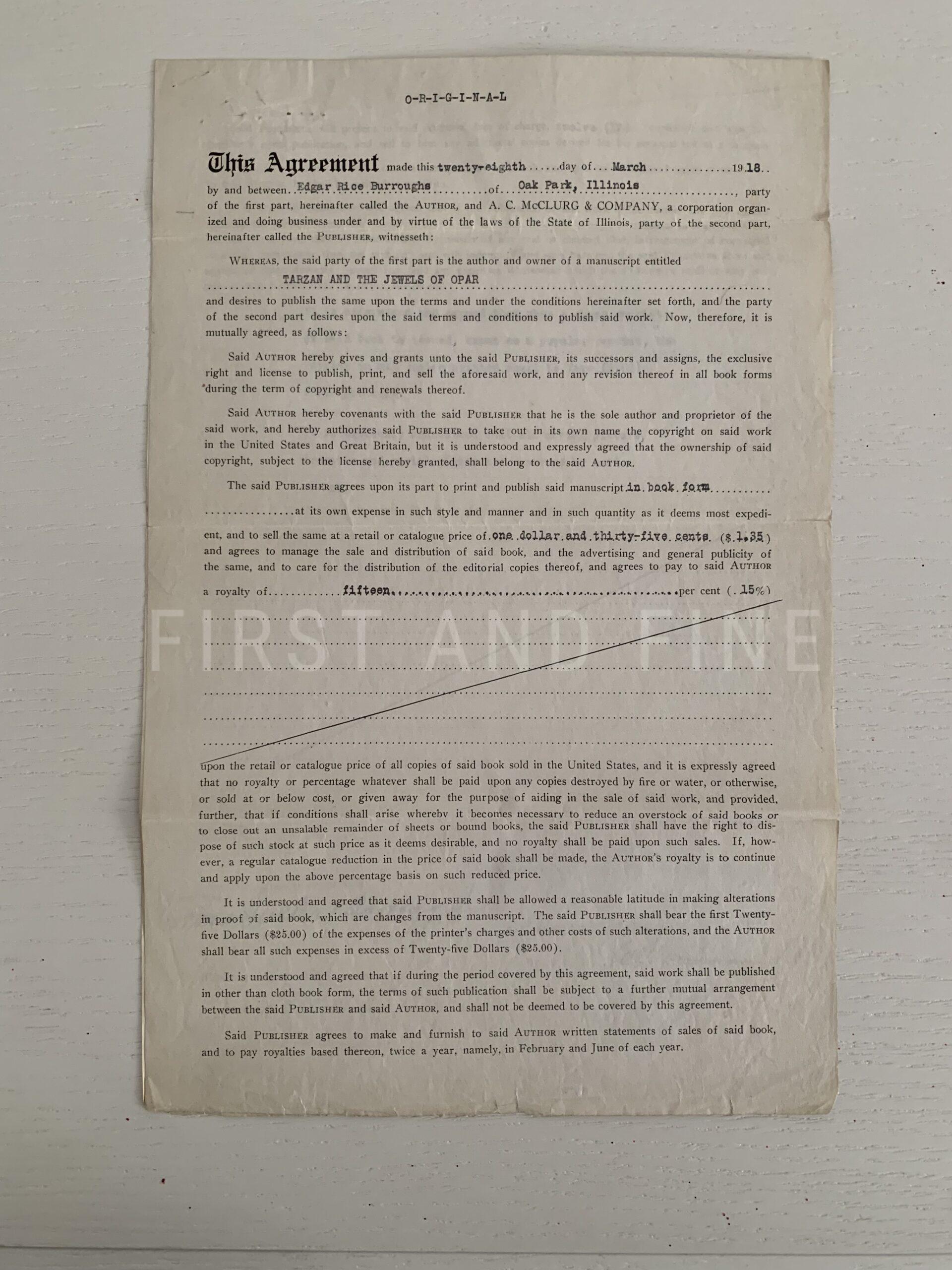Burroughs, Edgar Rice (1918) 'Tarzan and the Jewels of Opar', US first edition with signed contract between the publisher and Burroughs - Image 12