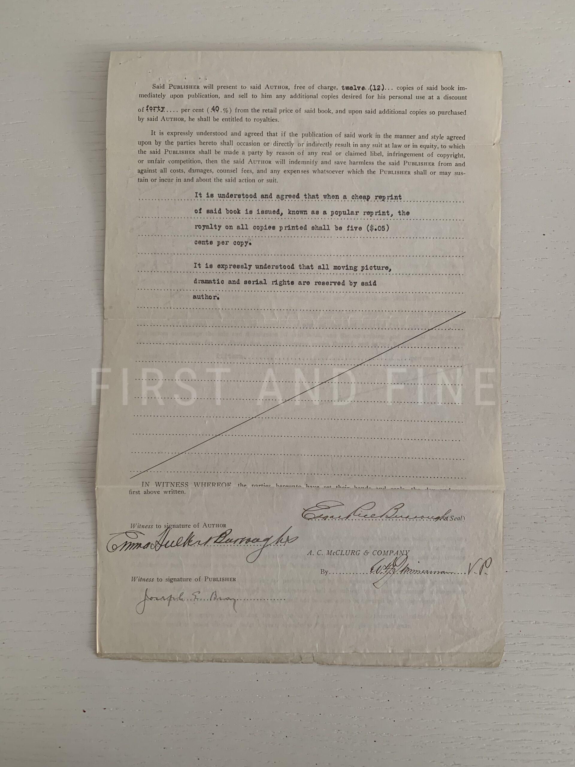 Burroughs, Edgar Rice (1918) 'Tarzan and the Jewels of Opar', US first edition with signed contract between the publisher and Burroughs - Image 13