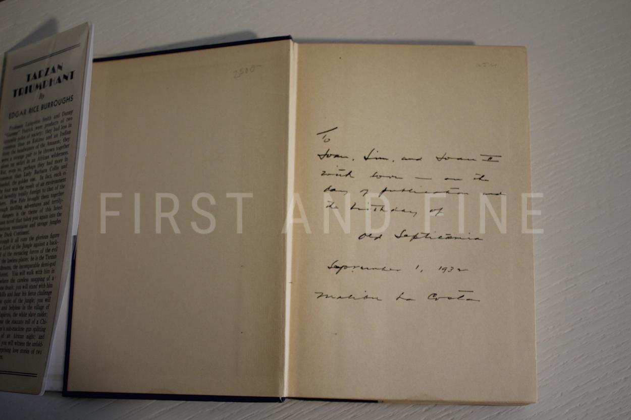 Burroughs, Edgar Rice (1932) 'Tarzan Triumphant', US signed and inscribed first edition family association copy, plus dust jacket proofs - Image 2