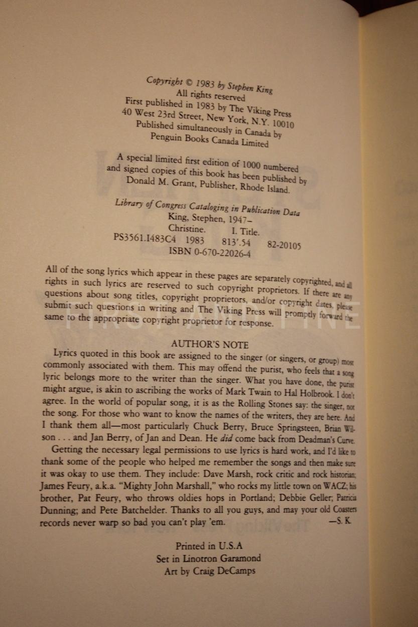 King, Stephen (1983) 'Christine', US signed and beautifully inscribed association copy to his editor at Doubleday Bill Thompson. Together with a copy of the 'Christine' manuscript - Image 3