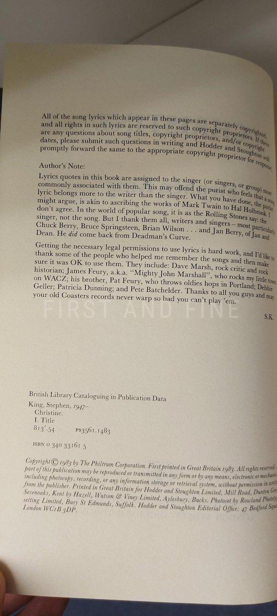 King, Stephen (1983) 'Christine', UK signed and inscribed first edition - Image 3