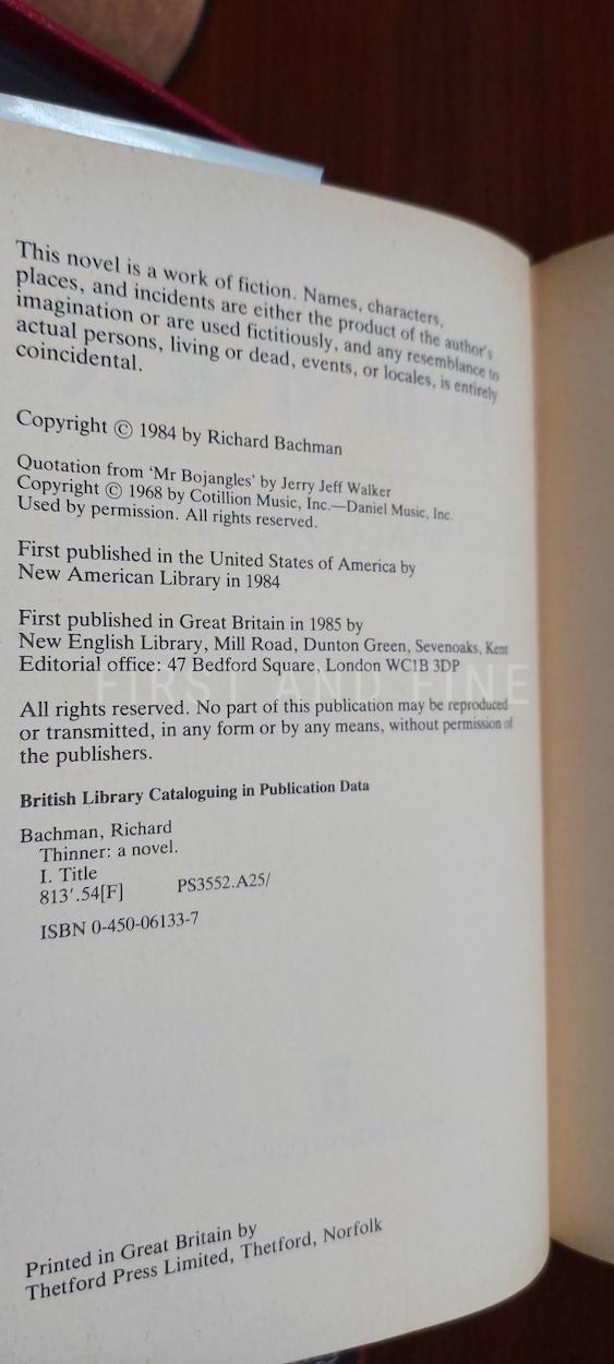 King, Stephen as Bachman, Richard (1985) 'Thinner', UK first edition with the original belly band - Image 2