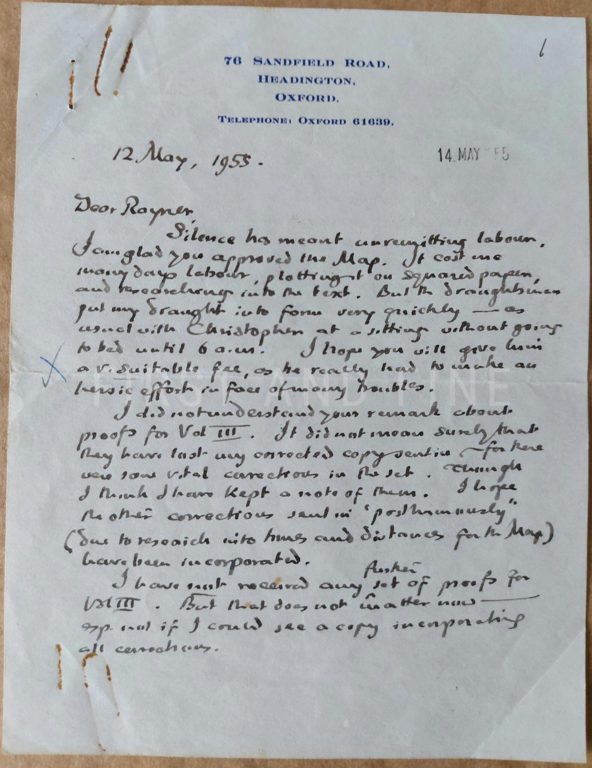 Tolkien, J.R.R. (1955) handwritten letter to Rayner Unwin on difficulties in preparing the final volume of Lord of the Rings