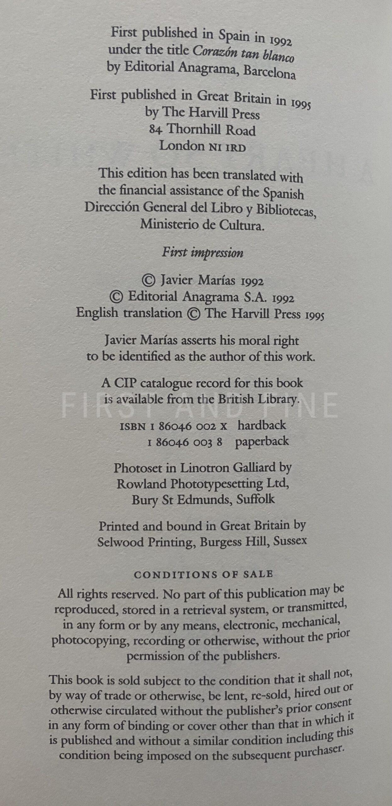Marias, Javier (1995) 'A Heart So White', UK signed and inscribed first edition - Image 3