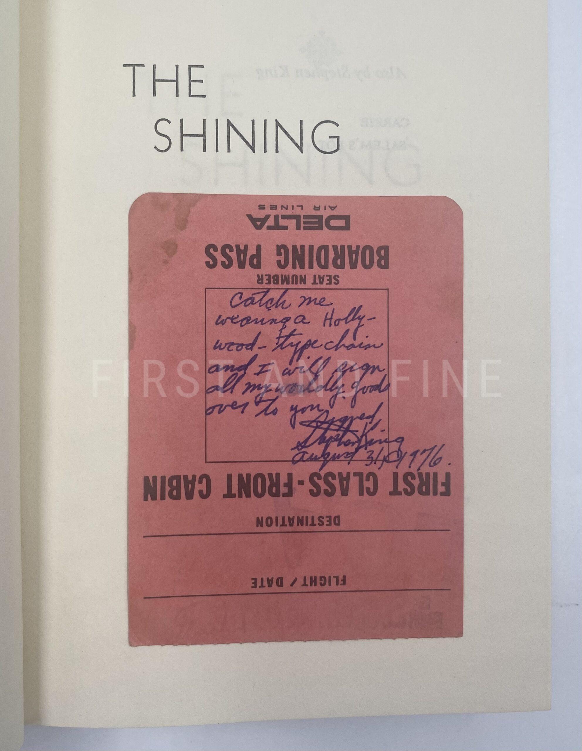 King, Stephen (1977) 'The Shining', US first edition with a signed and inscribed boarding pass - Image 3