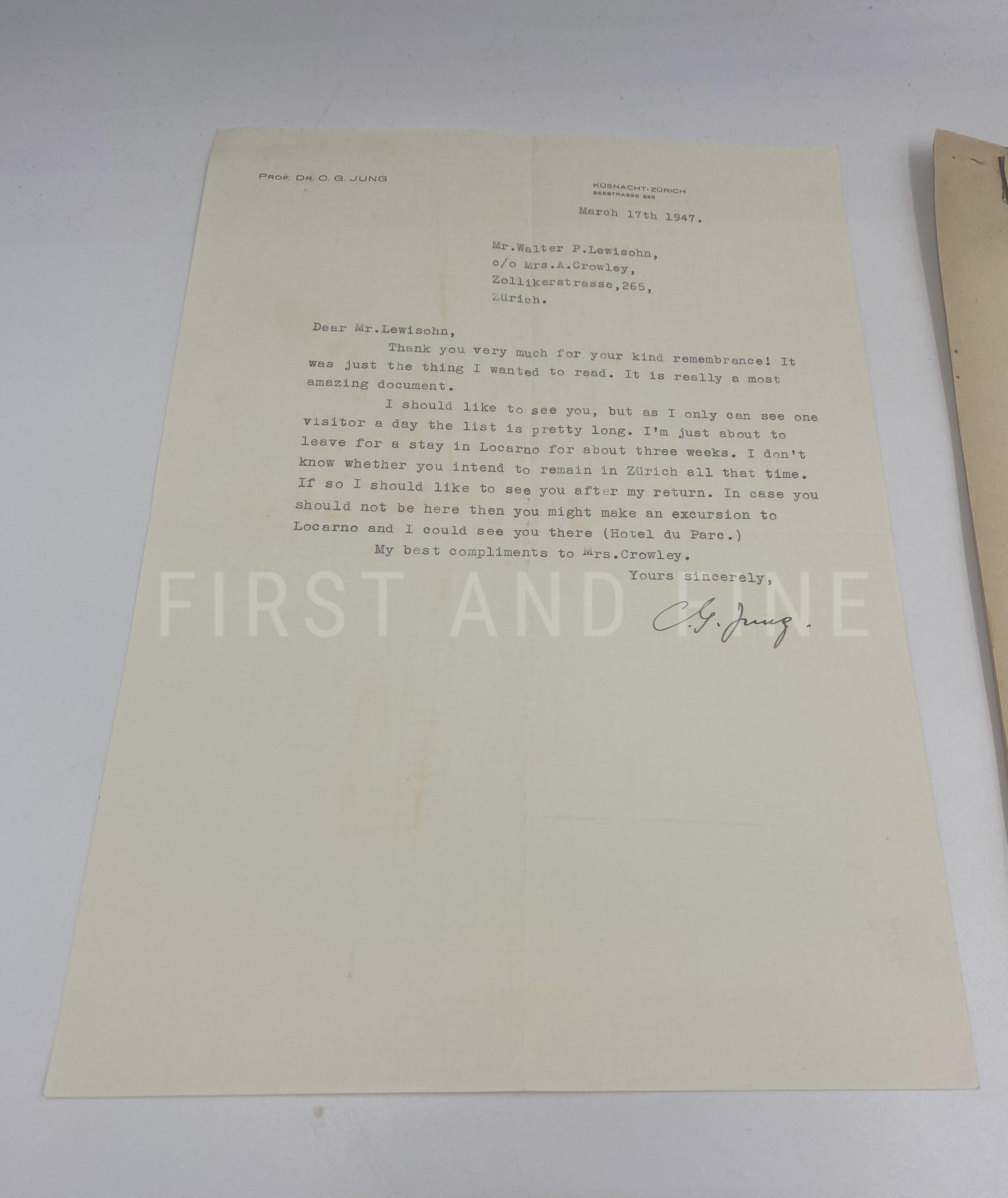 Jung, Carl Gustav (1947) original signed letter together with an archive of manuscript material relating to Jung and his close circle including Alice Lewisohn, Toni Wolff and C.A. Meier - Image 2