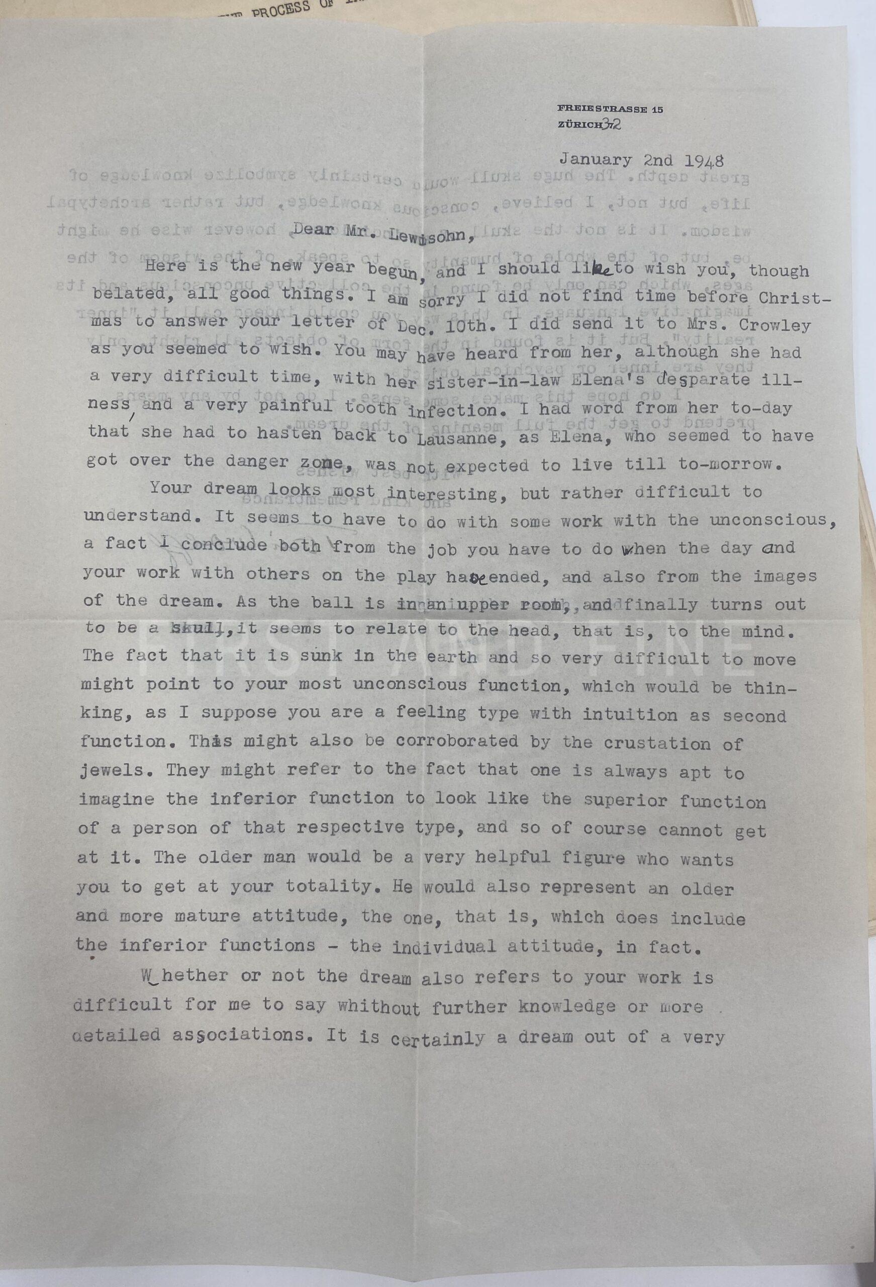 Jung, Carl Gustav (1947) original signed letter together with an archive of manuscript material relating to Jung and his close circle including Alice Lewisohn, Toni Wolff and C.A. Meier - Image 4