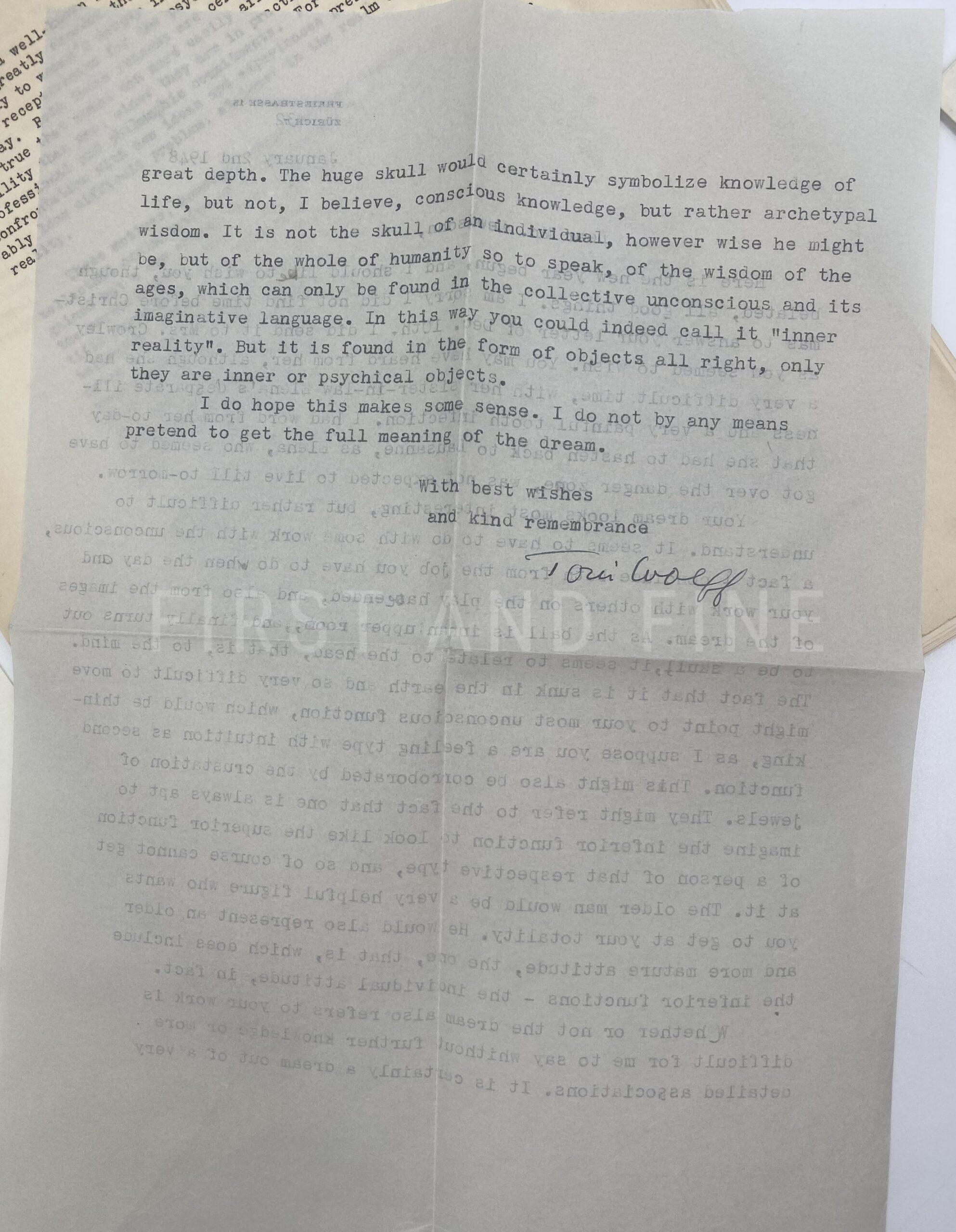 Jung, Carl Gustav (1947) original signed letter together with an archive of manuscript material relating to Jung and his close circle including Alice Lewisohn, Toni Wolff and C.A. Meier - Image 5