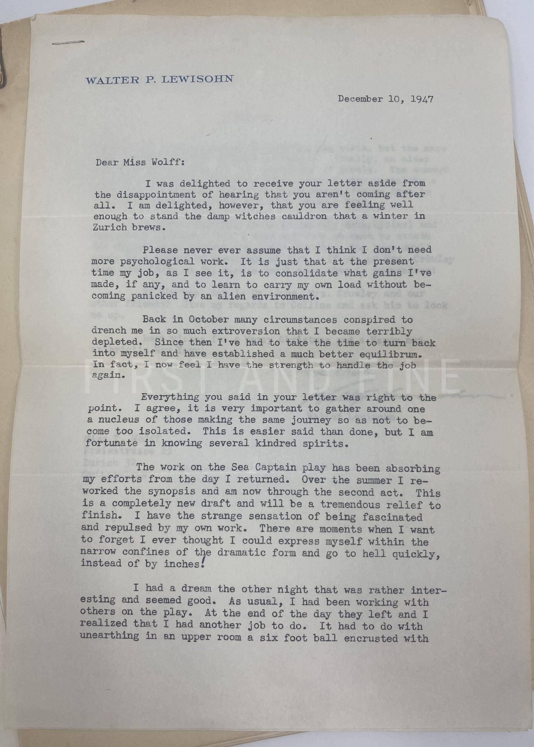 Jung, Carl Gustav (1947) original signed letter together with an archive of manuscript material relating to Jung and his close circle including Alice Lewisohn, Toni Wolff and C.A. Meier - Image 6