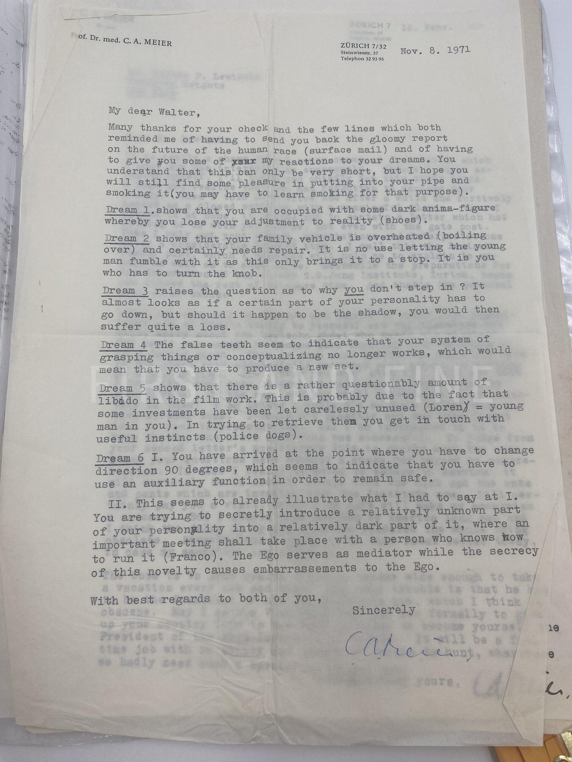 Jung, Carl Gustav (1947) original signed letter together with an archive of manuscript material relating to Jung and his close circle including Alice Lewisohn, Toni Wolff and C.A. Meier - Image 12