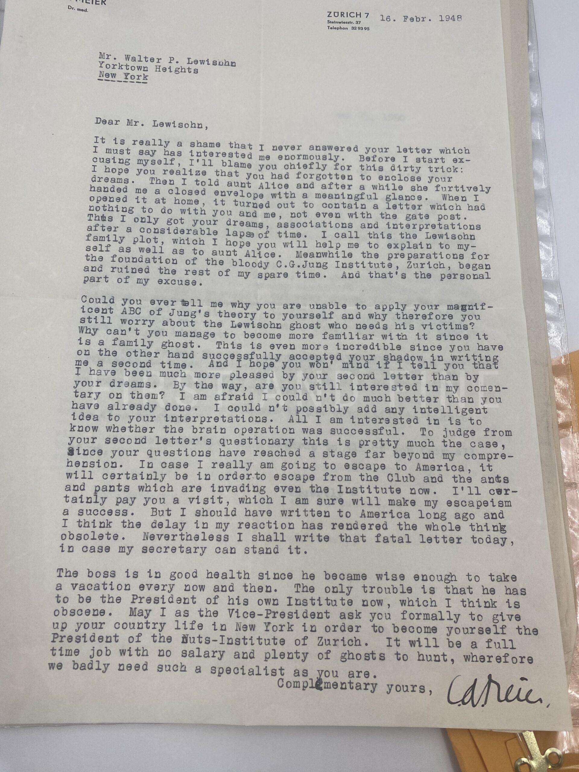 Jung, Carl Gustav (1947) original signed letter together with an archive of manuscript material relating to Jung and his close circle including Alice Lewisohn, Toni Wolff and C.A. Meier - Image 13