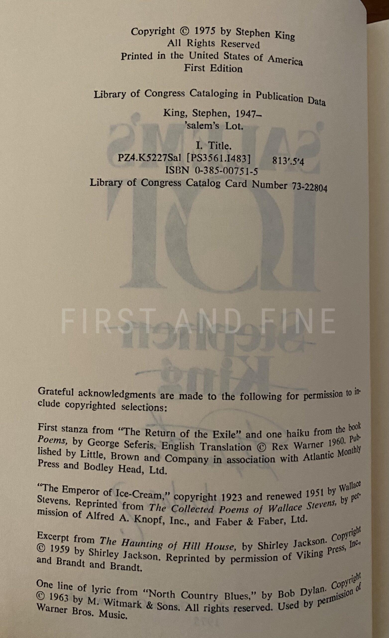 King, Stephen (1975) 'Salem's Lot', US signed first edition - Image 3