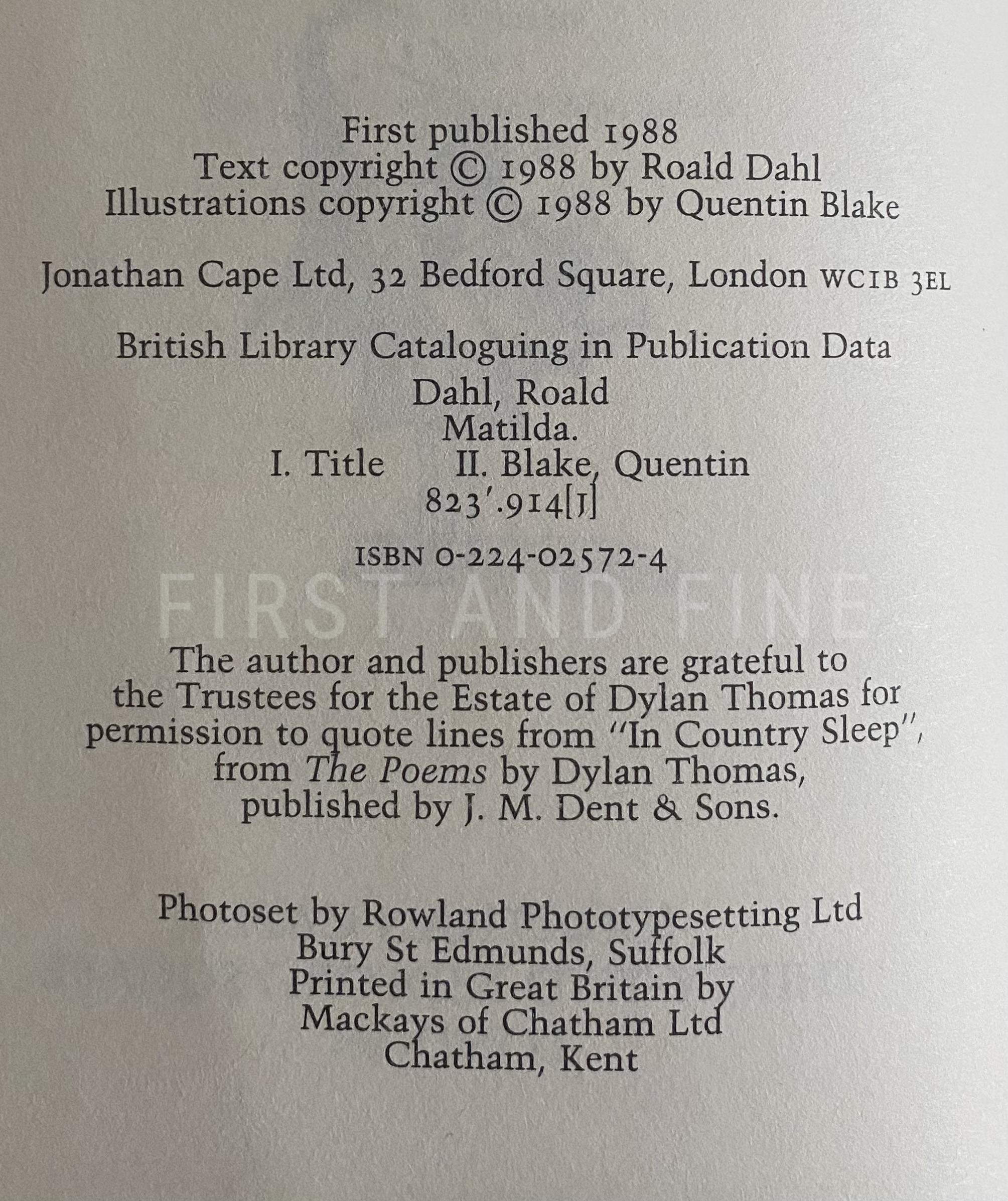 Dahl, Roald (1988) 'Matilda', UK signed and inscribed first edition - Image 3