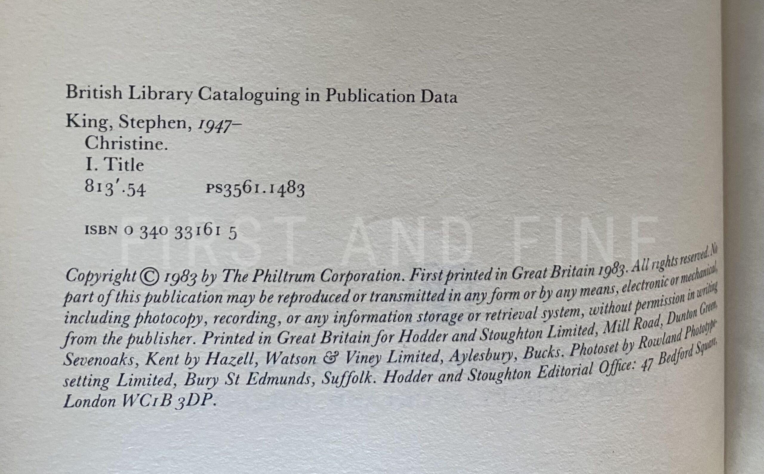 King, Stephen (1983) 'Christine', UK signed and inscribed first edition - Image 3